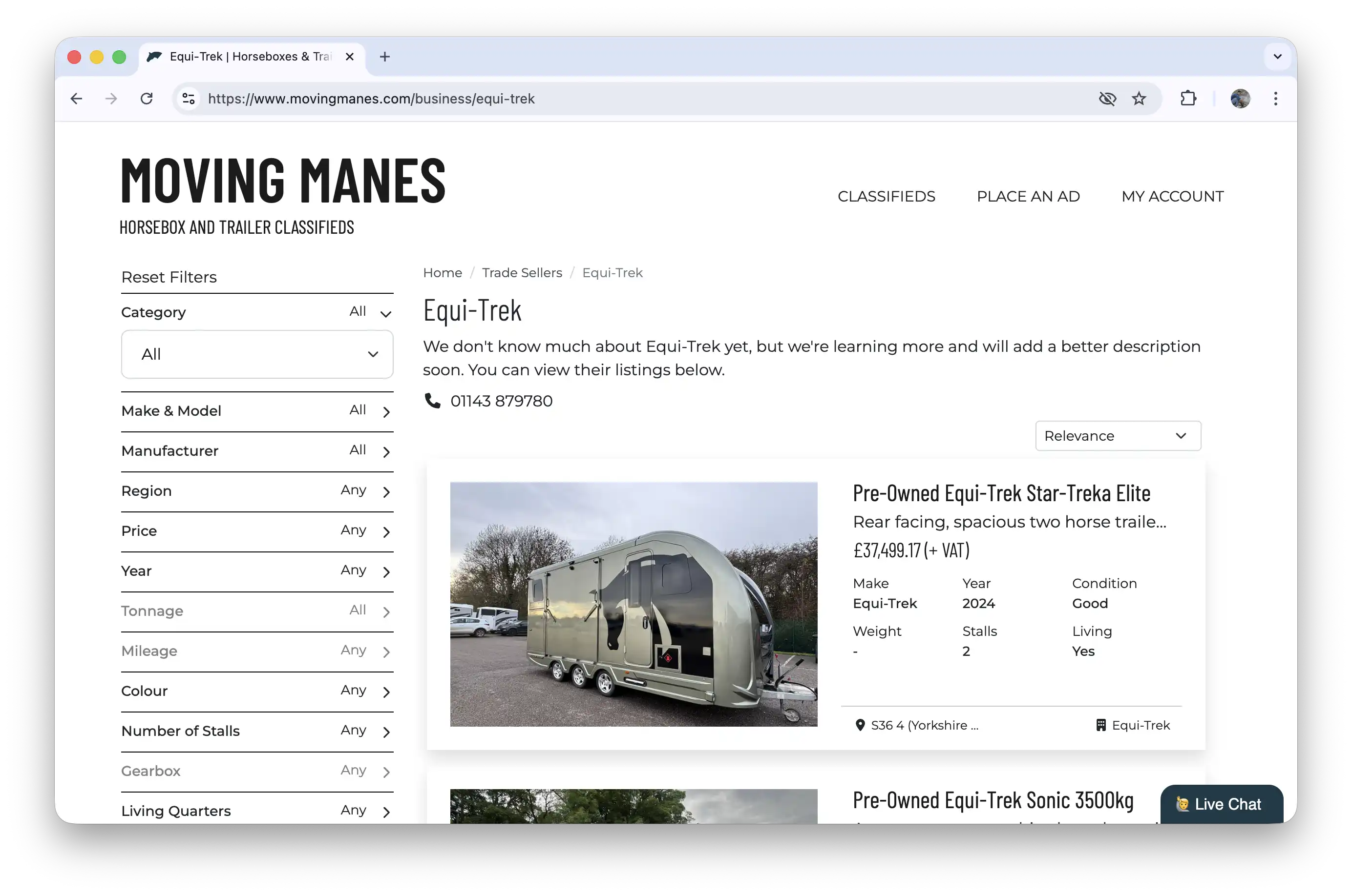 Example business profile page on Moving Manes