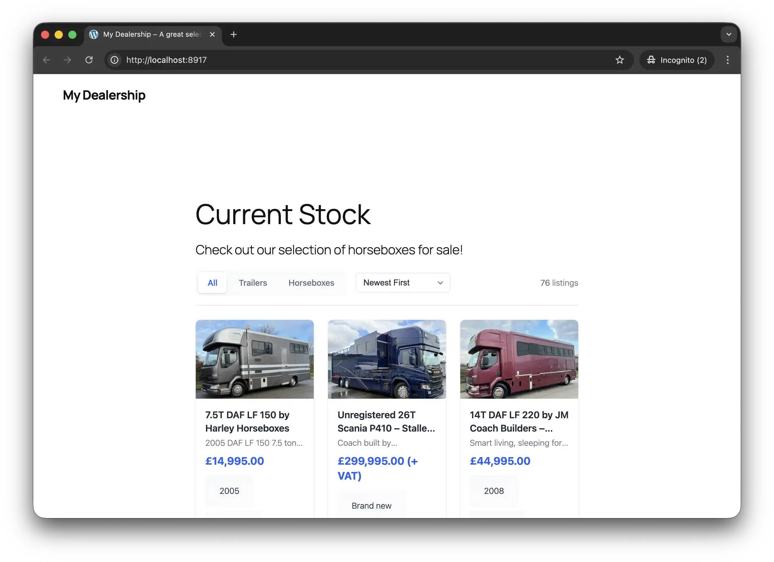 Example of Moving Manes listings embedded on a dealership website
